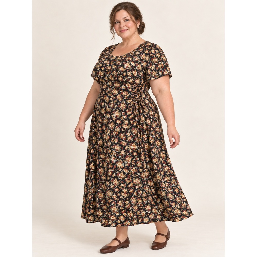 Boho Tradwife Cottage Y2K 90s BlackYellow Ditzy Floral LaceUpWaist 24 MaxiDress